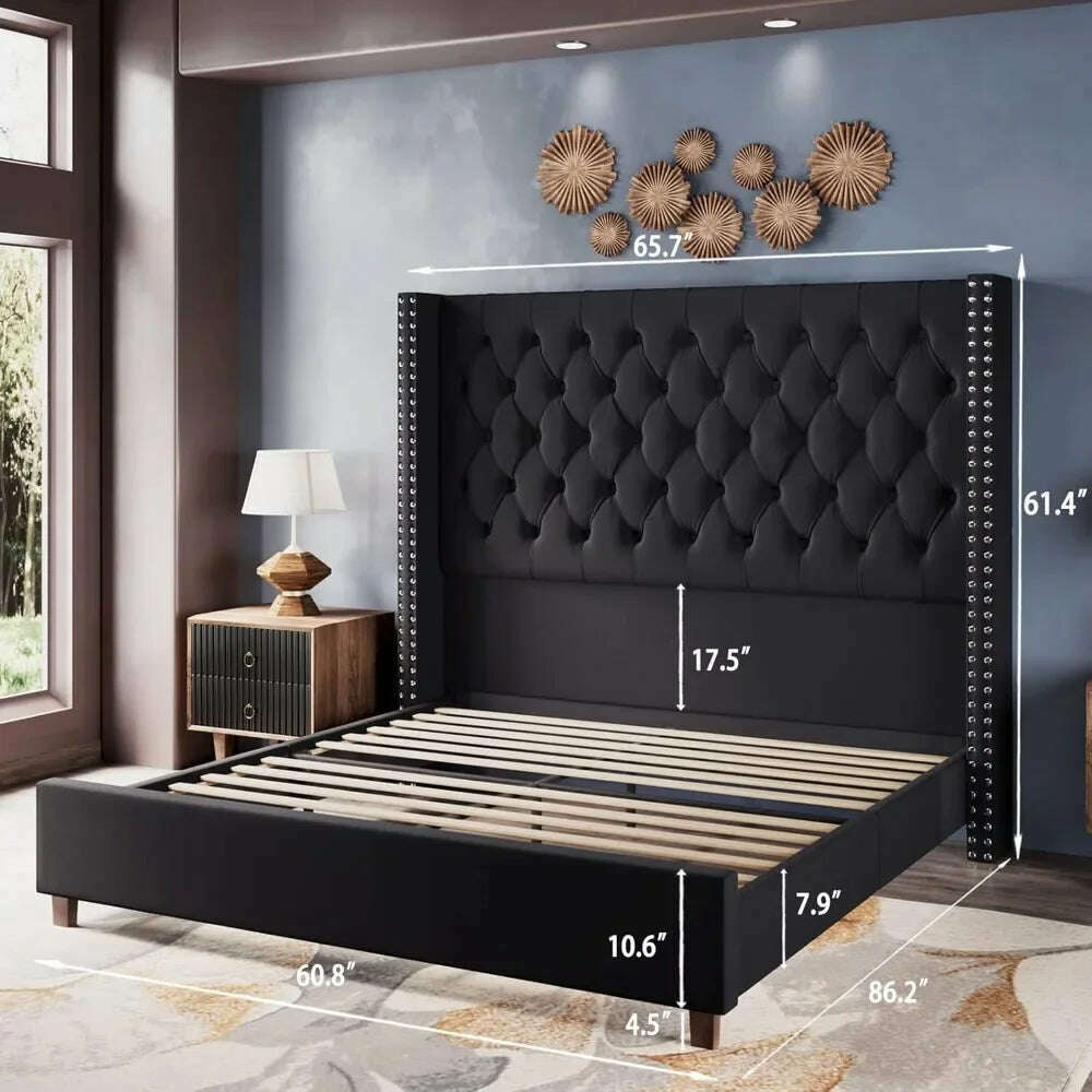 Velvet Upholstered Bed Frame Queen Size 61.4" Tall Headboard Queen Bed Frame Deep Button Tufted No Box Spring Needed,Bed Frames