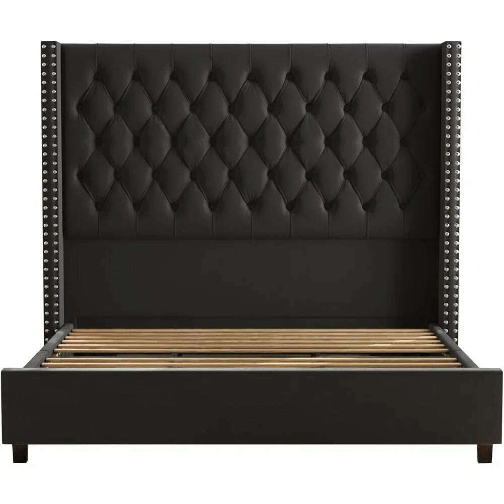 Velvet Upholstered Bed Frame Queen Size 61.4" Tall Headboard Queen Bed Frame Deep Button Tufted No Box Spring Needed,Bed Frames