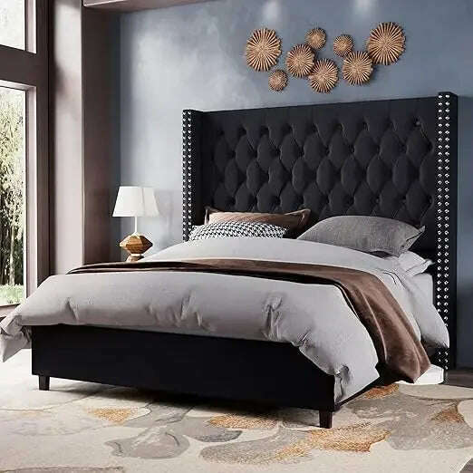 Velvet Upholstered Bed Frame Queen Size 61.4" Tall Headboard Queen Bed Frame Deep Button Tufted No Box Spring Needed,Bed Frames
