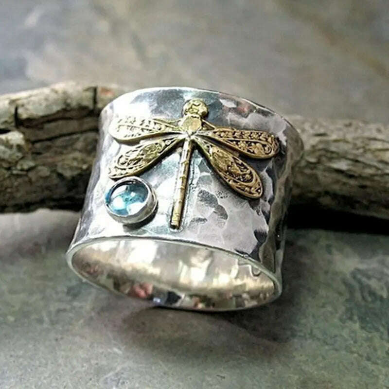 Vintage Dragonfly Rings for Women Fashion Acid Blue Crystal Women's Promise Ring Two-Tone Gold Plated Jewelry Accessories Gifts