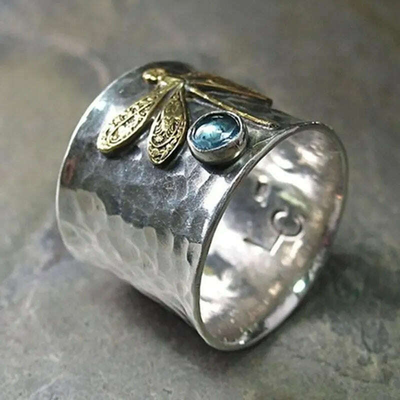 Vintage Dragonfly Rings for Women Fashion Acid Blue Crystal Women's Promise Ring Two-Tone Gold Plated Jewelry Accessories Gifts