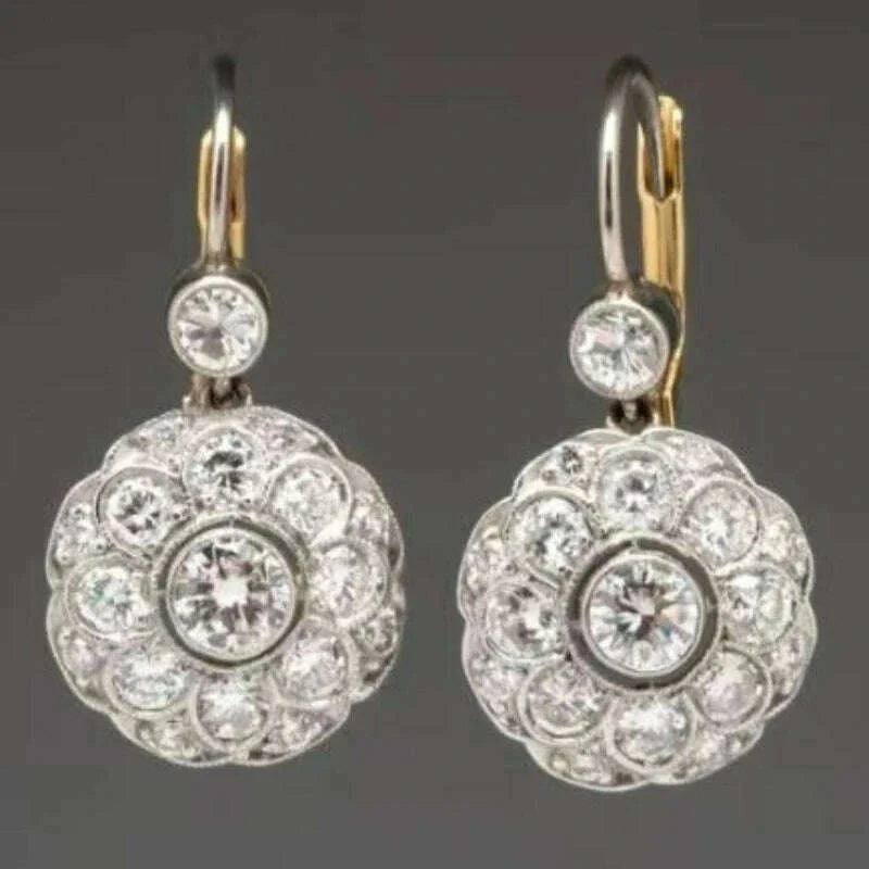 Vintage Personal Elegant Flower Inlay Sliver Color Zircon Earrings for Women Creative Party Jewelry Accessories