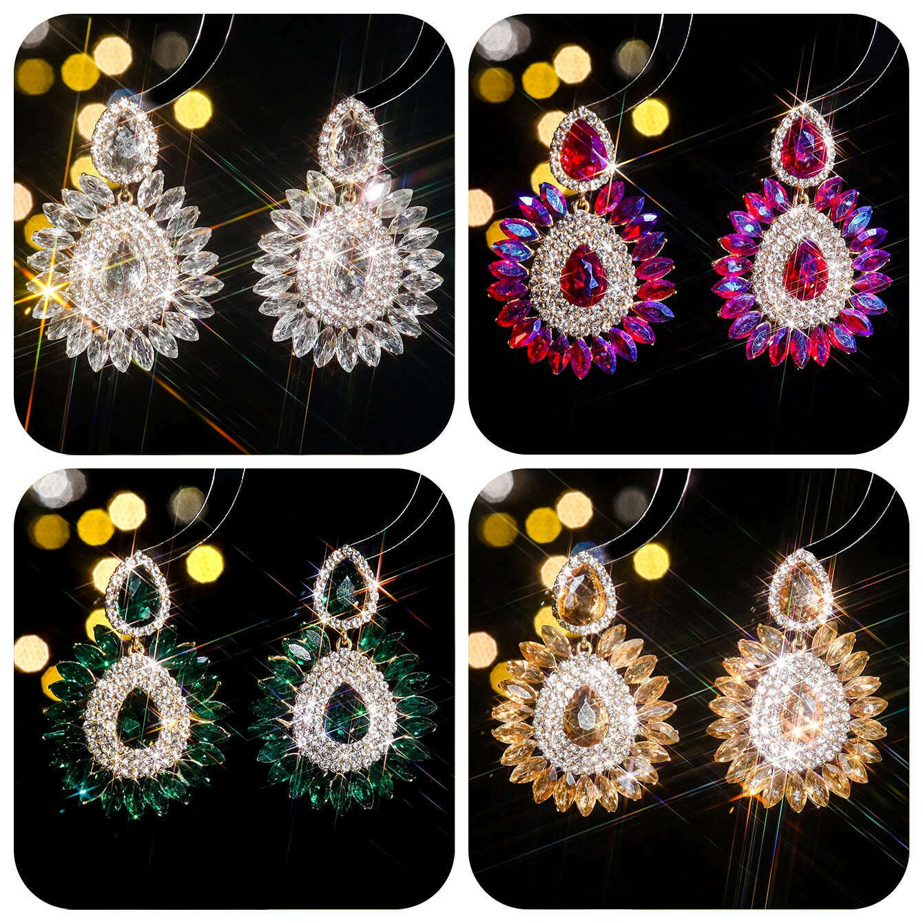 Vintage Rhinestone sunflower Statement Earrings Retro Big Cluster Crystal Drop Dangle Earrings for Women Girls