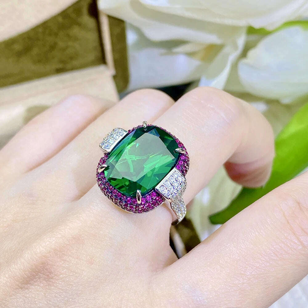 Vintage Silver Color 12*16MM Ruby Emerald Rings for Women Wedding Bands Gemstone Cocktail Party Jewelry Female Anniversary Gifts