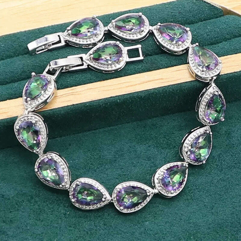 Water Drop Rainbow Topaz 925 Silver Wedding Jewelry set for Women Party Bracelet Earrings Necklace pendant Ring