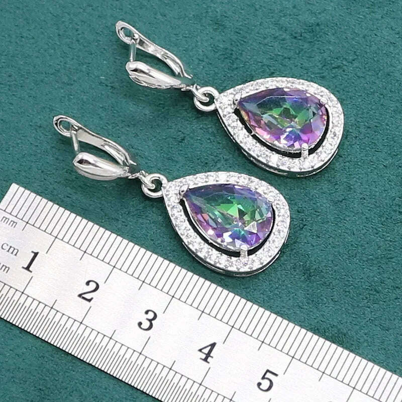 Water Drop Rainbow Topaz 925 Silver Wedding Jewelry set for Women Party Bracelet Earrings Necklace pendant Ring