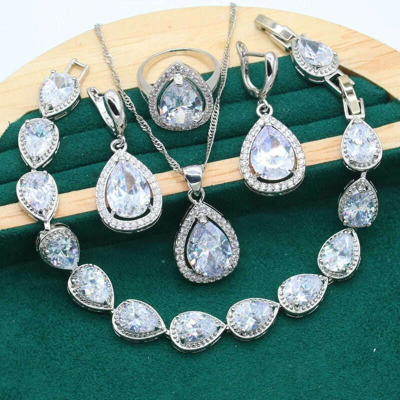 Water Drop Rainbow Topaz 925 Silver Wedding Jewelry set for Women Party Bracelet Earrings Necklace pendant Ring