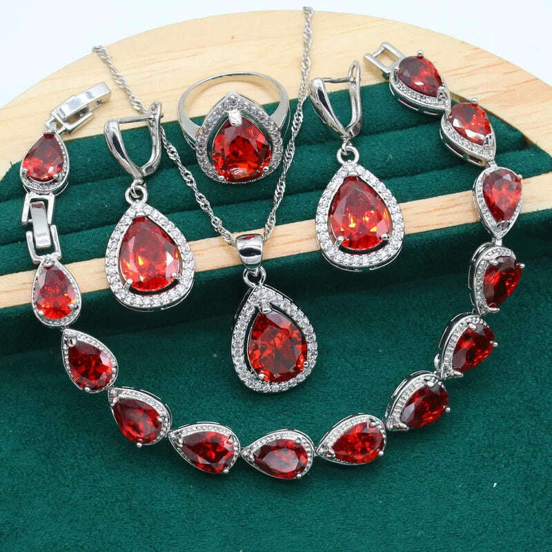 Water Drop Rainbow Topaz 925 Silver Wedding Jewelry set for Women Party Bracelet Earrings Necklace pendant Ring