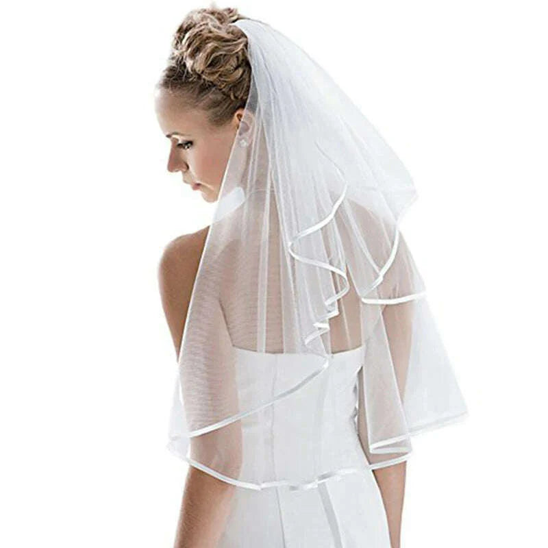 Wedding Simple Tulle White Ivory Two Layers Bridal Veils Ribbon Edge Cheap Bride Accessories 75cm Short Women Veil With Comb