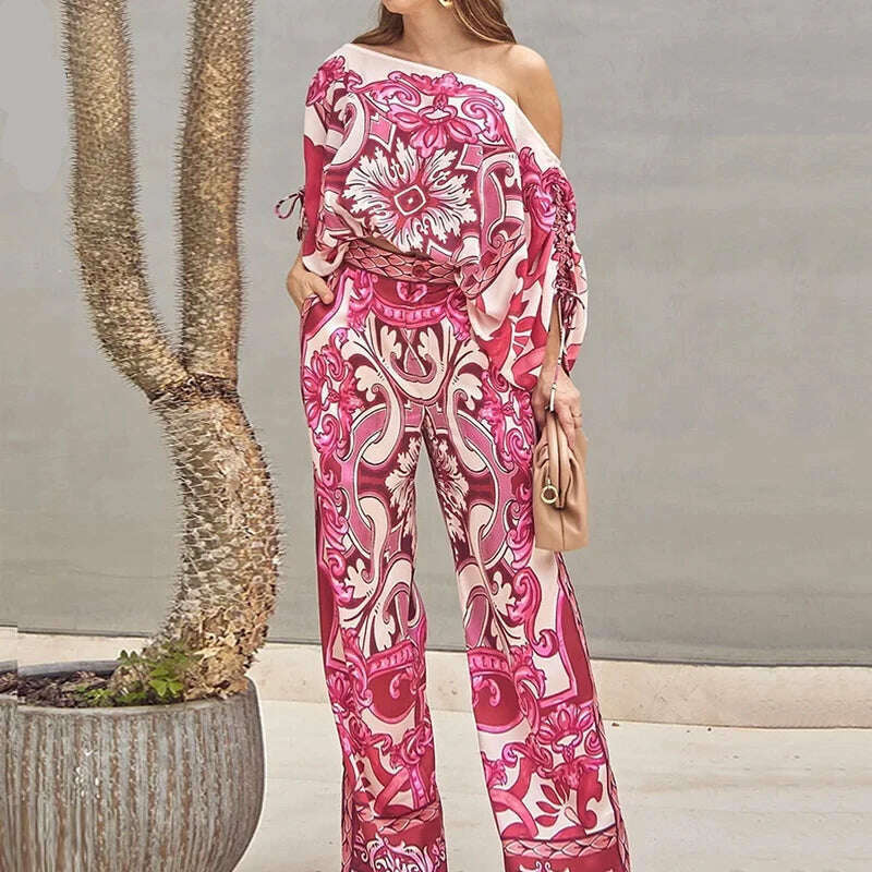 Wefads Women Two Piece Set Casual Fashion Printed One Shoulder Drawstring Shirring Ioose Top With Pocket Wide Leg Pants Set