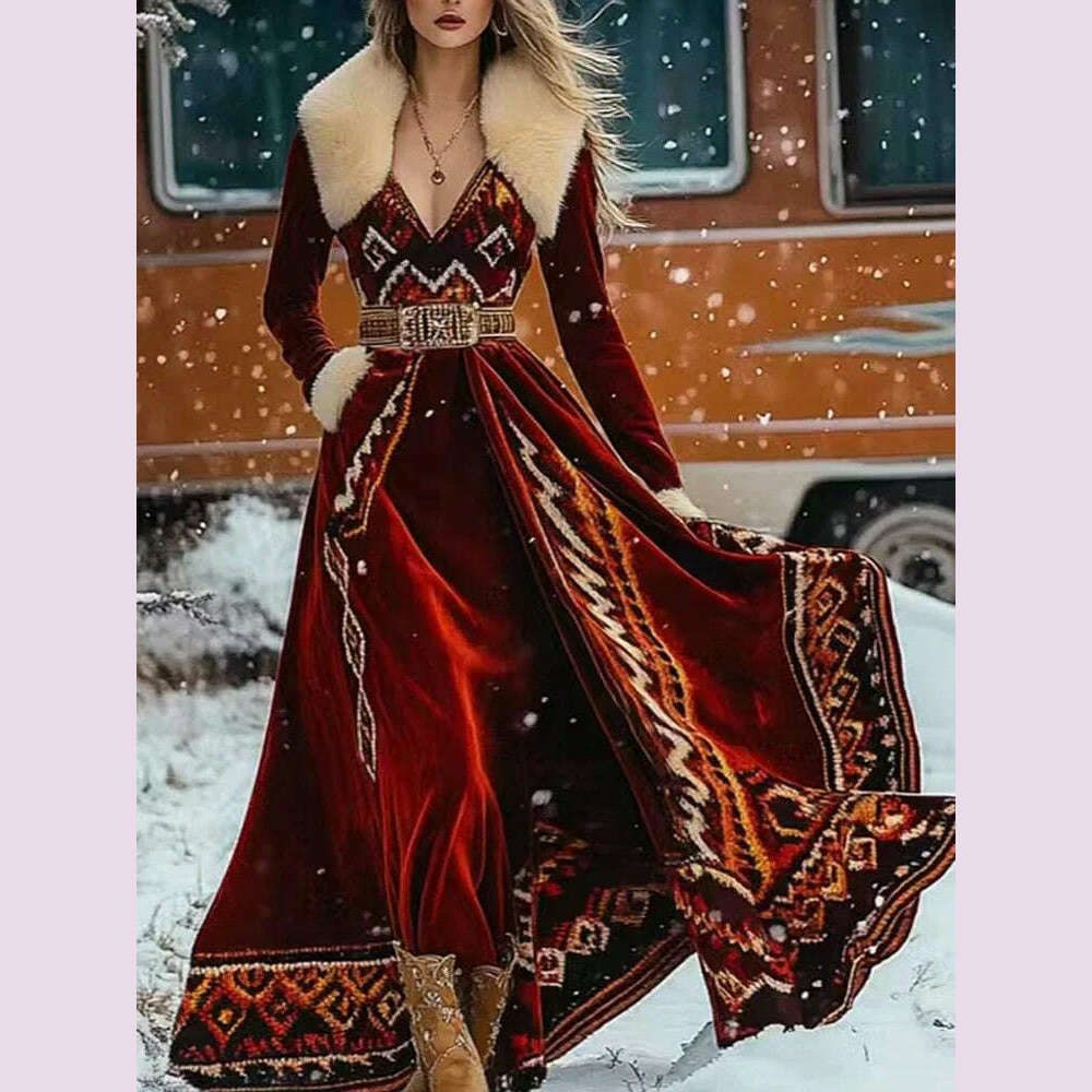 Winter Ethnic Hair Collar Gold Velvet Party Dress Sexy Women Print Feather Bohe Long Dresses Retro High Waist Vacation Dresse
