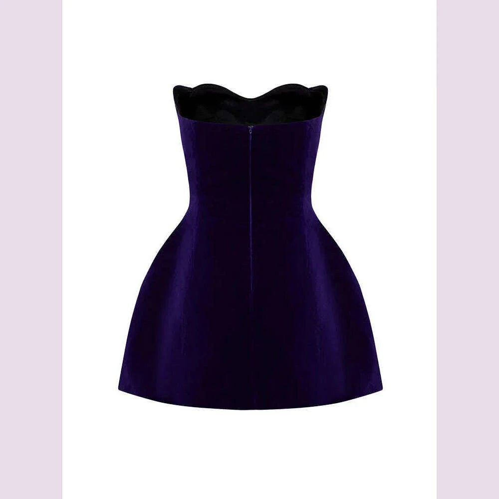 Women Celebrity New Sexy Strapless Purple Velvet Gowns Dress Elegant Mini Evening Party Club Dress