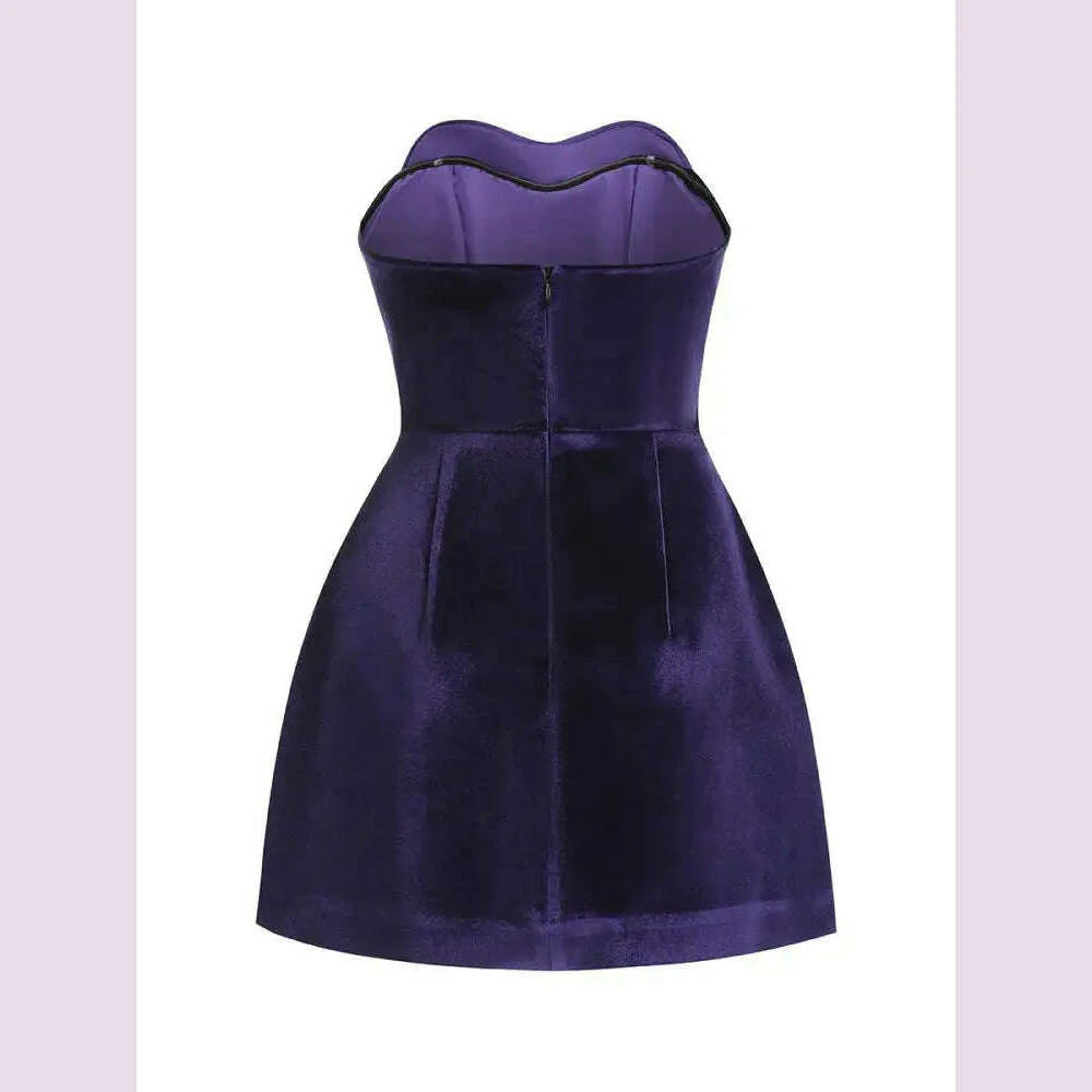 Women Celebrity Sexy Strapaless Backless Velvet Purple Heart Mini Bodycon A Line Dress 2024 Elegant Evening Club Party Outfit