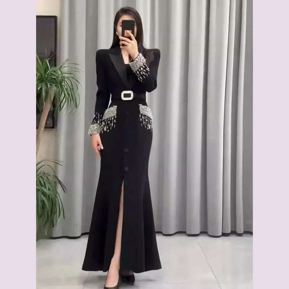 Women Elegant Ankle Length Long Diamonds Dress Lady Single Breasted Belted Slim Waist Split Shiny Crystal Party Mermaid Dresses
