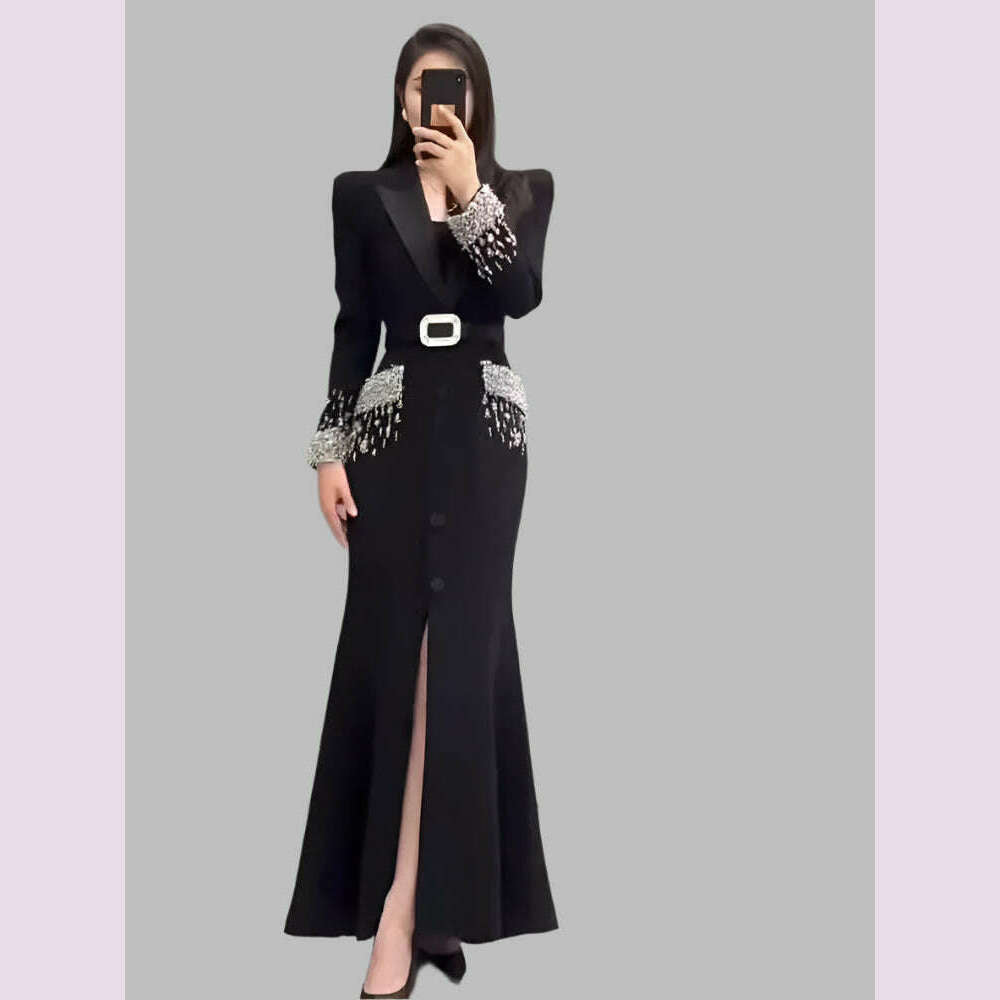 Women Elegant Ankle Length Long Diamonds Dress Lady Single Breasted Belted Slim Waist Split Shiny Crystal Party Mermaid Dresses
