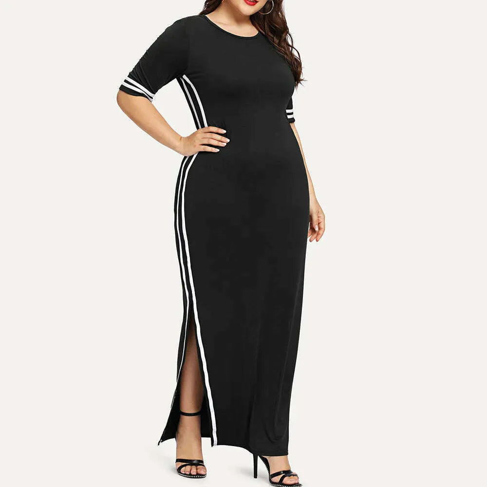 Women Fashion Long Sport Dress Casual Slim Stripe Split Dress Party Night Dresses Long Dress Female Evening Dress Gothic