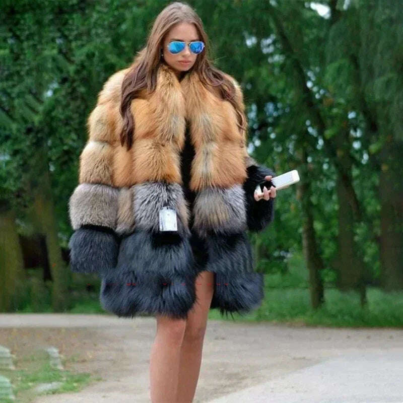 Women Long Faux Fur Coat Winter Fashion Large Size Thick Warm Fur Jacket Yellow and Black Contrast Stitching Cardigan Cloth