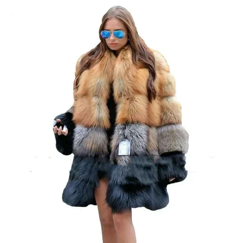 Women Long Faux Fur Coat Winter Fashion Large Size Thick Warm Fur Jacket Yellow and Black Contrast Stitching Cardigan Cloth