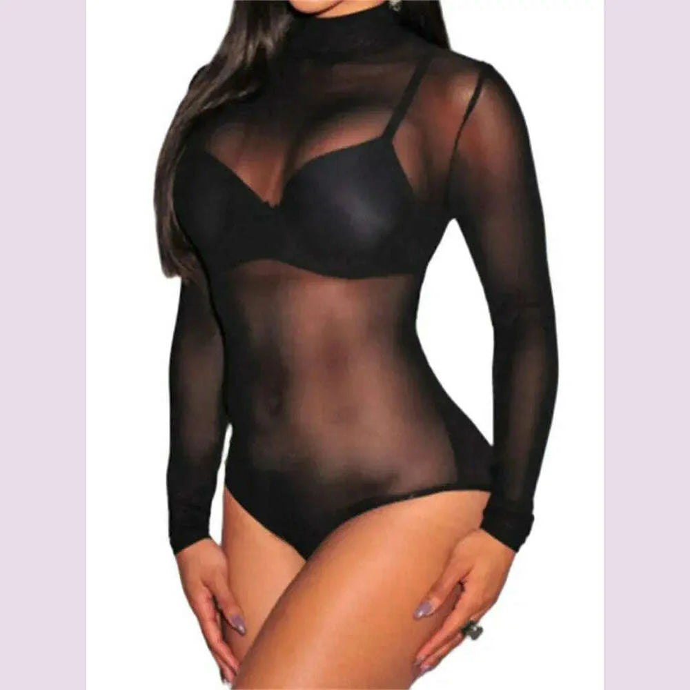 Women Mesh Bodysuits Summer Fall Long Sleeve Mock Neck Bodycon Body Top See Through Vintage Sexy Clubwear