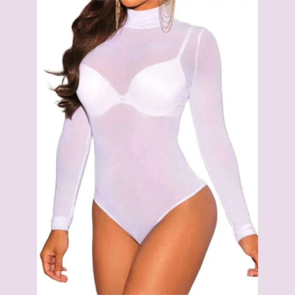 Women Mesh Bodysuits Summer Fall Long Sleeve Mock Neck Bodycon Body Top See Through Vintage Sexy Clubwear