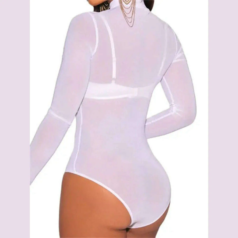 Women Mesh Bodysuits Summer Fall Long Sleeve Mock Neck Bodycon Body Top See Through Vintage Sexy Clubwear