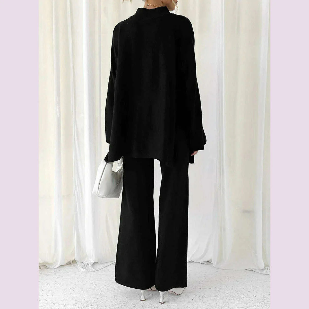 Women Pants Suit Elegant Long Sleeve Semi-high Collar Sweater with Wide Leg Pants Fall Outfit