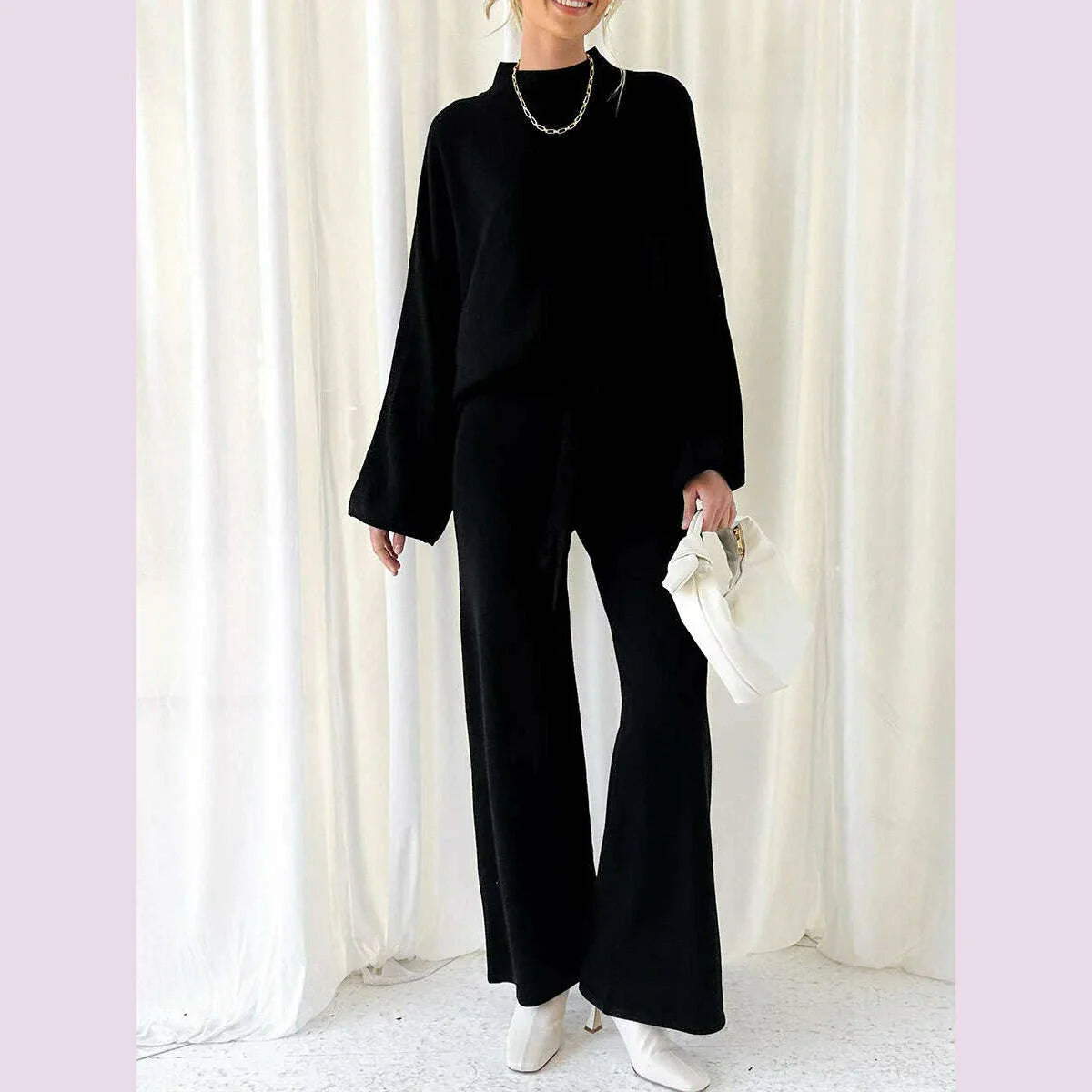 Women Pants Suit Elegant Long Sleeve Semi-high Collar Sweater with Wide Leg Pants Fall Outfit
