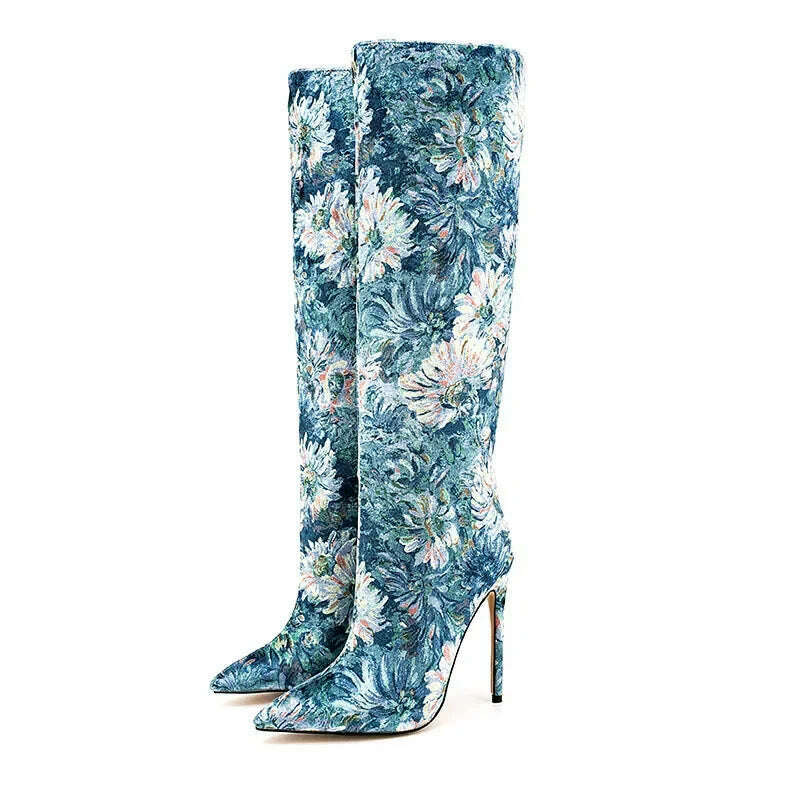 Women Pointed Toe Long Boots Fashion Print High Heels Slip On Mature Ladies Shoes Brand Design New Blue Flower Luxury Booties