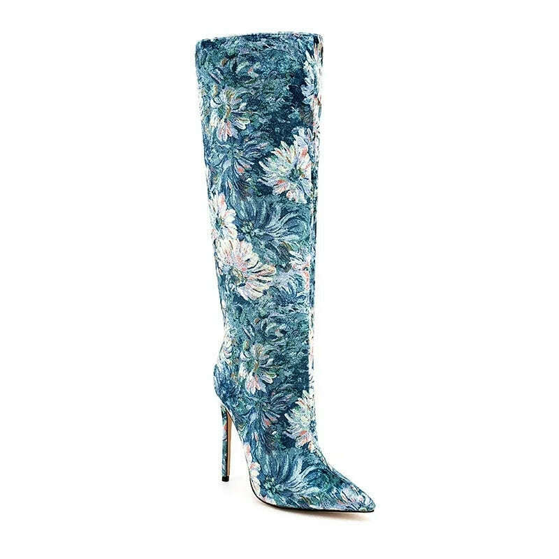 Women Pointed Toe Long Boots Fashion Print High Heels Slip On Mature Ladies Shoes Brand Design New Blue Flower Luxury Booties