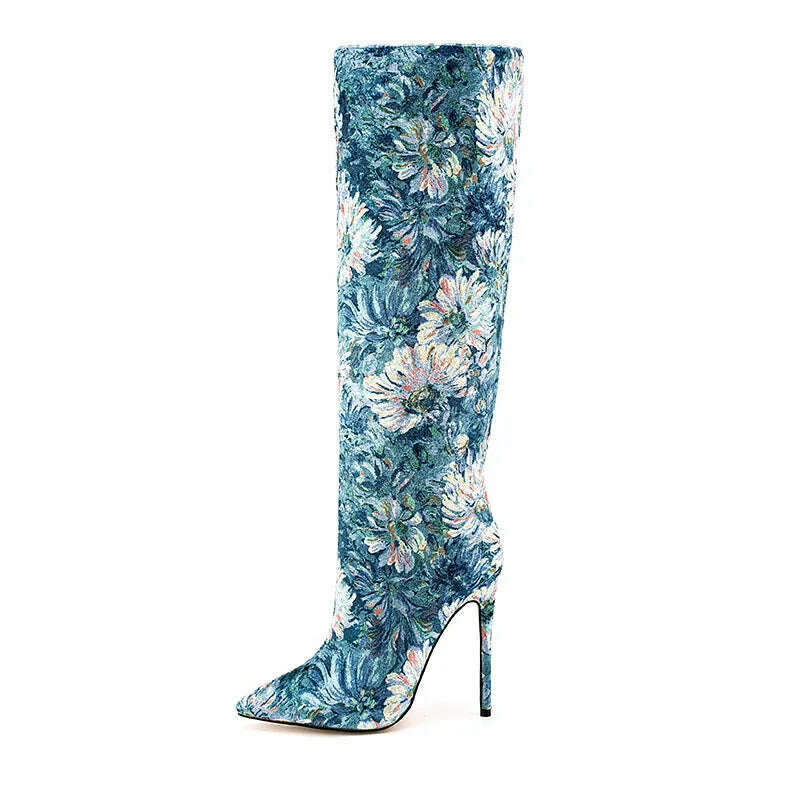 Women Pointed Toe Long Boots Fashion Print High Heels Slip On Mature Ladies Shoes Brand Design New Blue Flower Luxury Booties