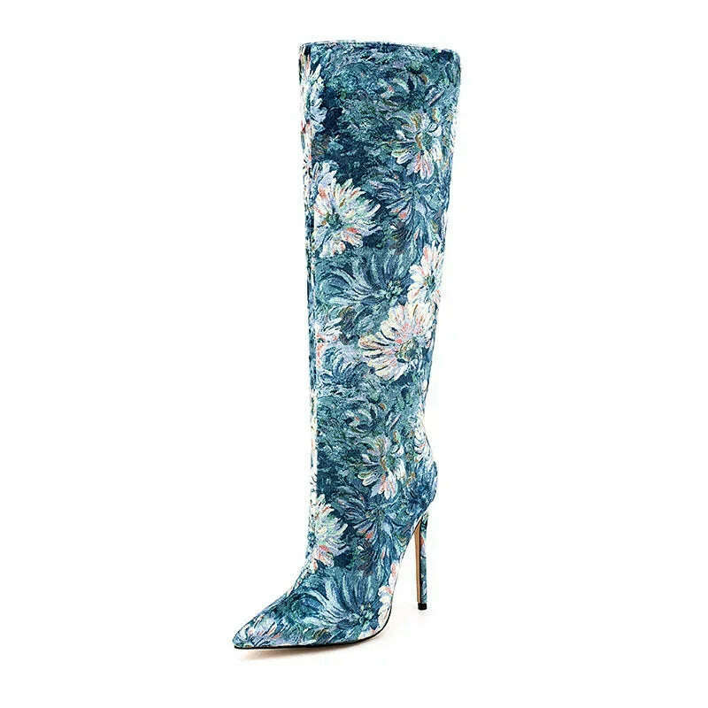 Women Pointed Toe Long Boots Fashion Print High Heels Slip On Mature Ladies Shoes Brand Design New Blue Flower Luxury Booties