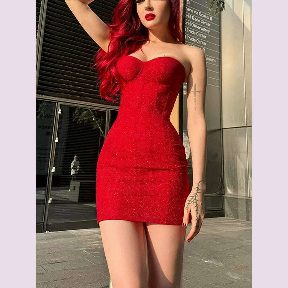 Women Sexy Glitter Back Lace Up Red Strapless Mini Dress Fashion Sleeveless Retract Waist A-line Dresses Lady Party Short Robes