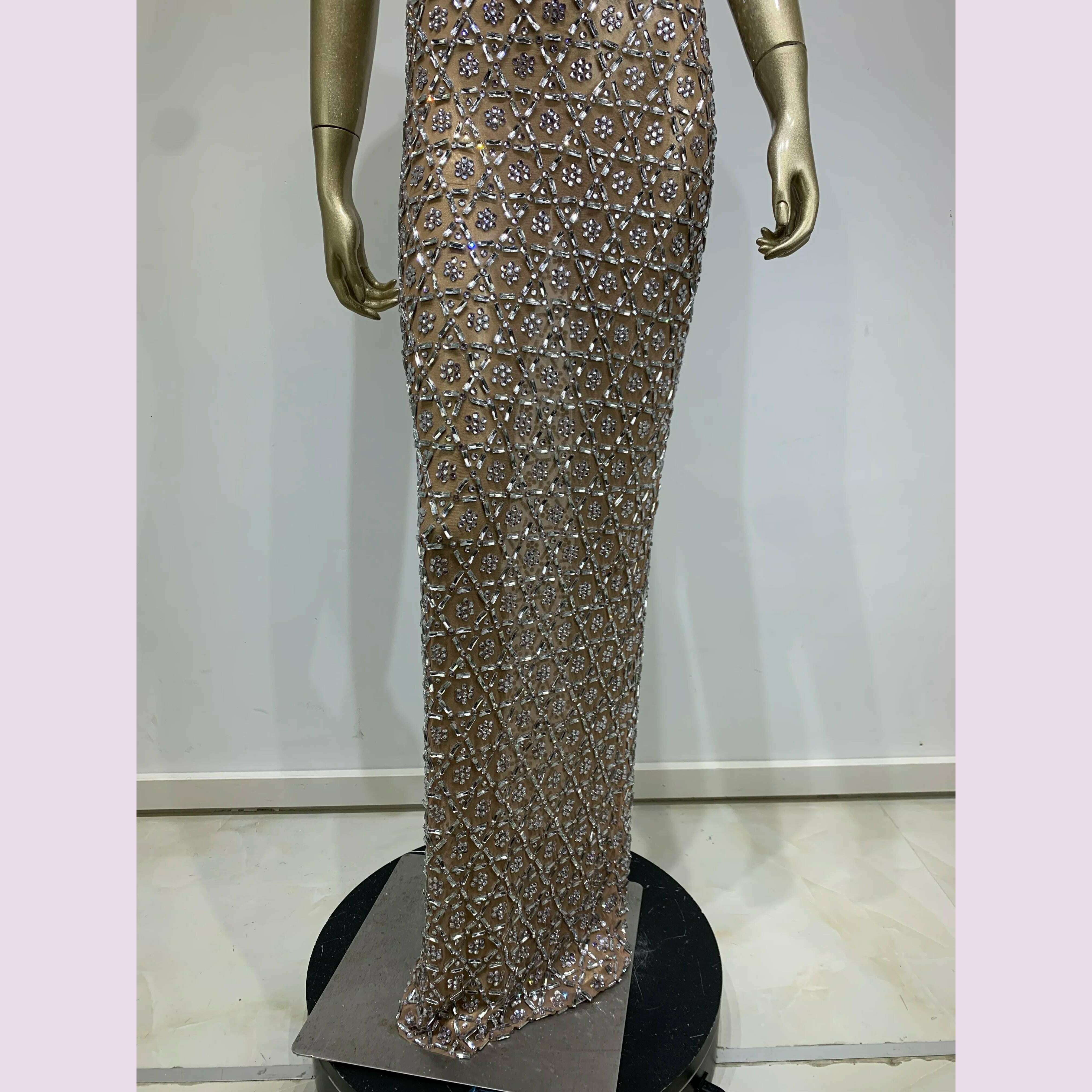 Women Sexy Mesh Transparent Crystal Diamonds Long Maxi Dress Birthday Party Costume Bar Nightclub Singer Stage Performance Dress