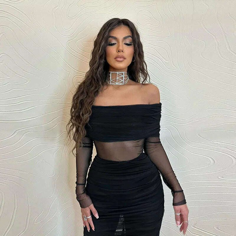 Women's Mesh See Through Mini Bodycon Dress, Black, Monochromatic, Long Sleeve, Party Club Clothing, Spring