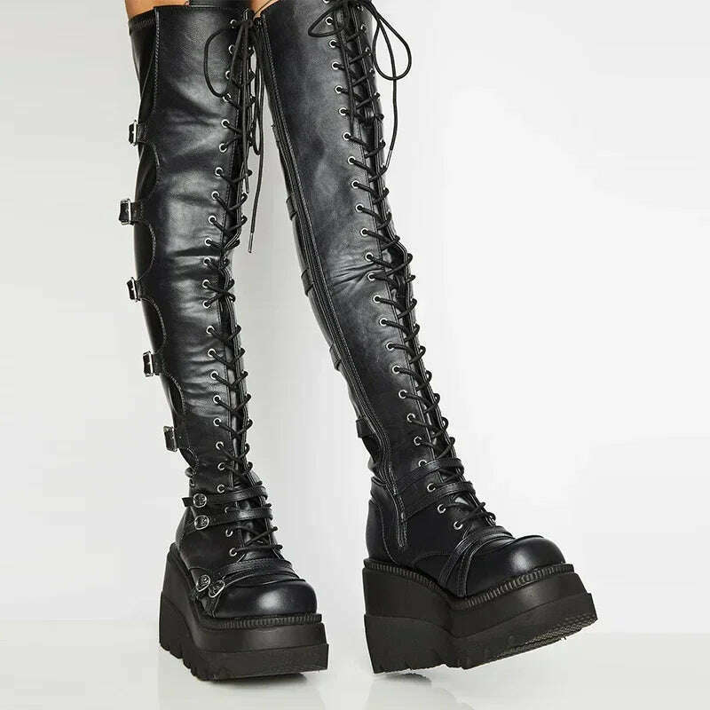 Women's Punk Over-the-Knee Boots: Platform Heels with Belt Buckle, Thigh High Goth Motorcycle Flat Boots in Plus Sizes