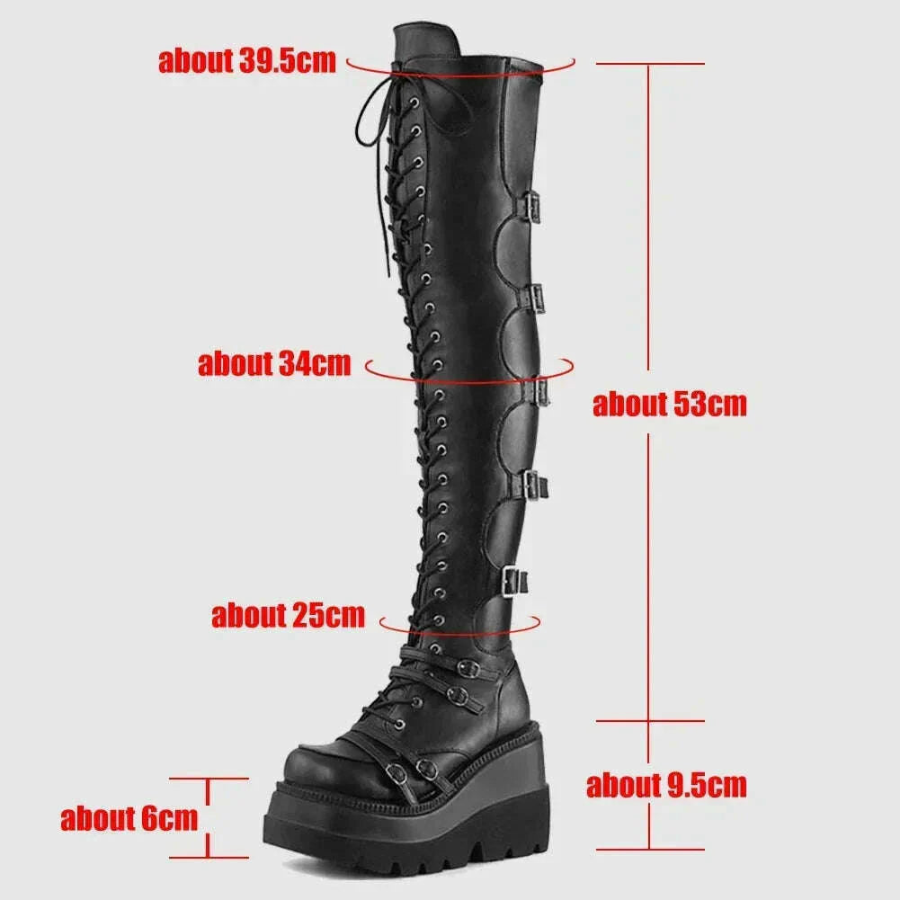 Women's Punk Over-the-Knee Boots: Platform Heels with Belt Buckle, Thigh High Goth Motorcycle Flat Boots in Plus Sizes