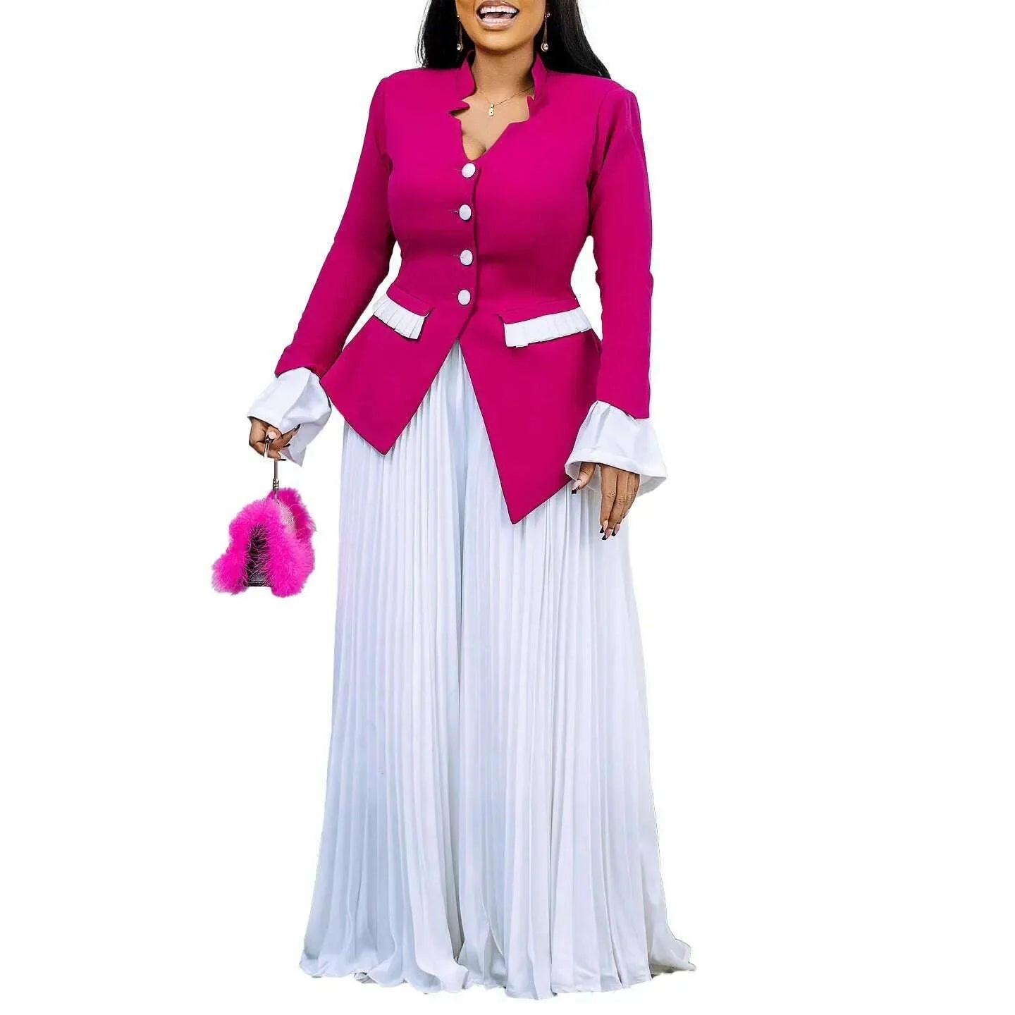 Women's Set Full Flare Sleeve Button Blazer Shirt + Pleated Long Pants Suit Streetwear Two 2 Piece Set Africa OL Outfits