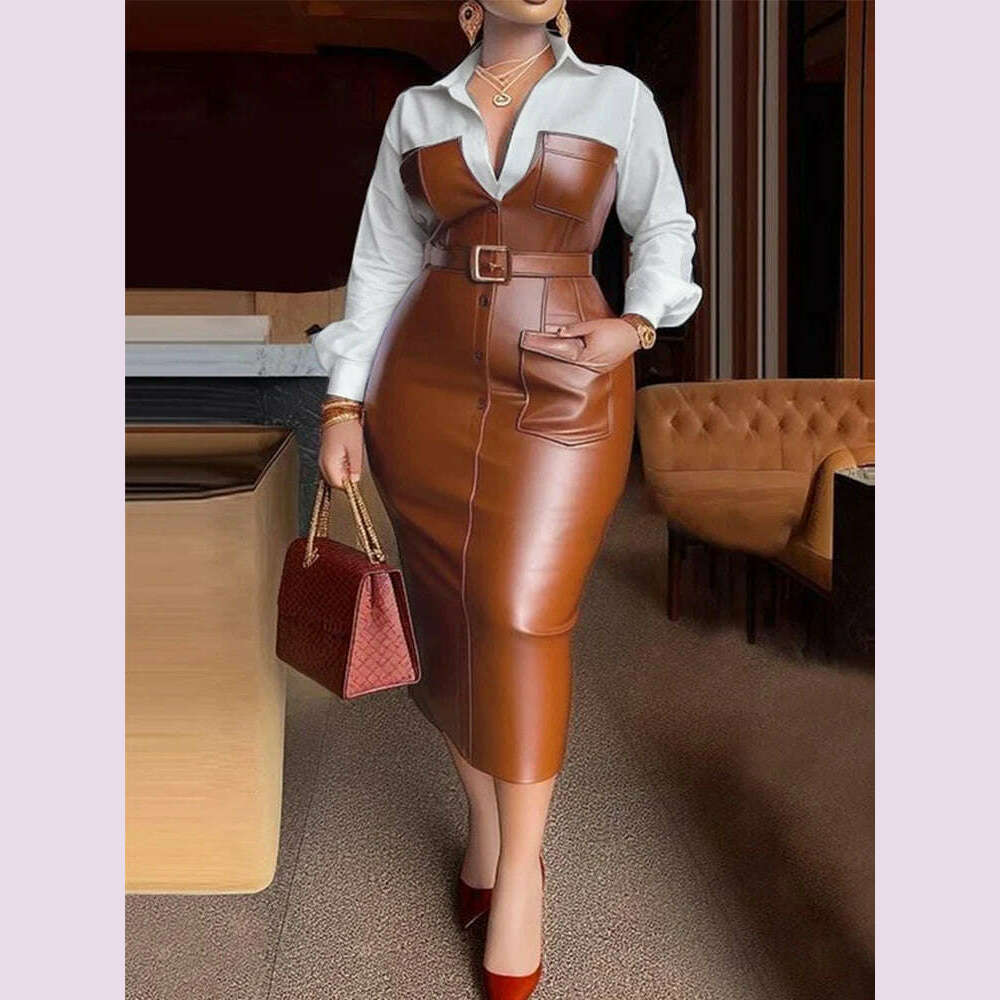 Womens Shirt Collar Dresses New Autumn Buttons Long Sleeve PU Leather Patchwork Pocket Skinny Belted Lapel Female Midi Dress
