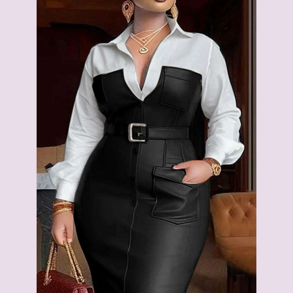 Womens Shirt Collar Dresses New Autumn Buttons Long Sleeve PU Leather Patchwork Pocket Skinny Belted Lapel Female Midi Dress