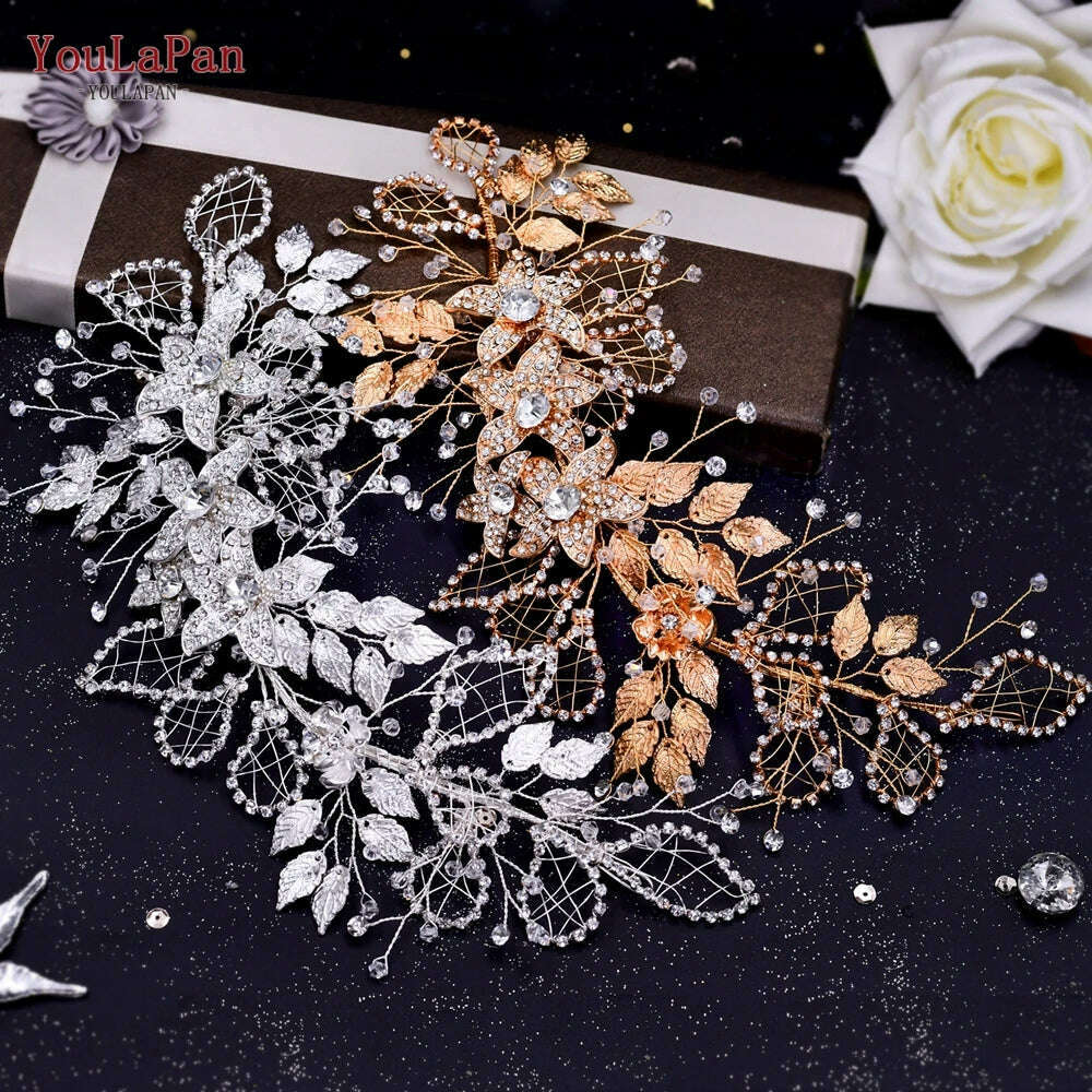 YouLaPan HP282 Wedding Headband Alloy Flower Leaf Hair Tiara Rhinestone Headpiece Bridal Headwear Hair Accessories Head Jewelry
