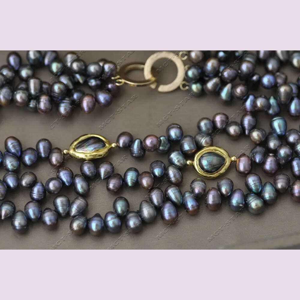 Z13344 3Row 20" 16mm Peacock Black Rice Gold plated Freshwater Pearl Necklace Custom Jewelry