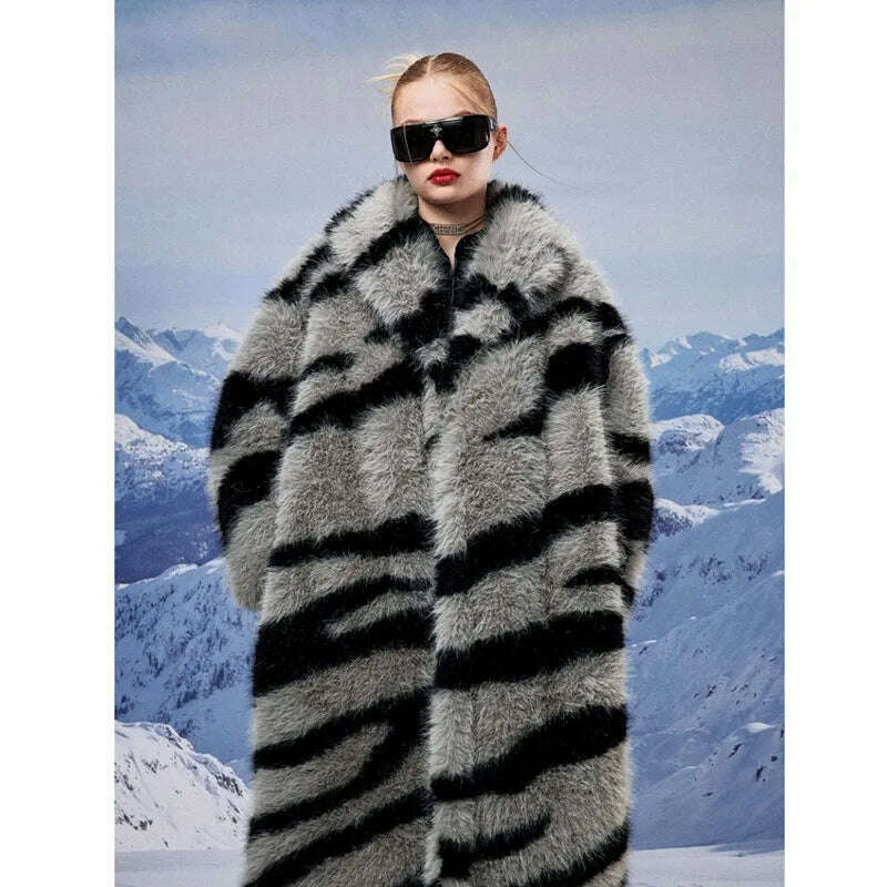 Zebra New Faux Fox Fur Coat Women Long 2024 Winter Imitation Wool Fur Jacket Thickened Warm Plush Overcoat Furry Fuzzy Outerwear
