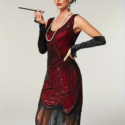 Sequined Fringe Hem Tank Dress, Vintage Sleeveless Bodycon Dress For Banquet & Party, Women's Clothing