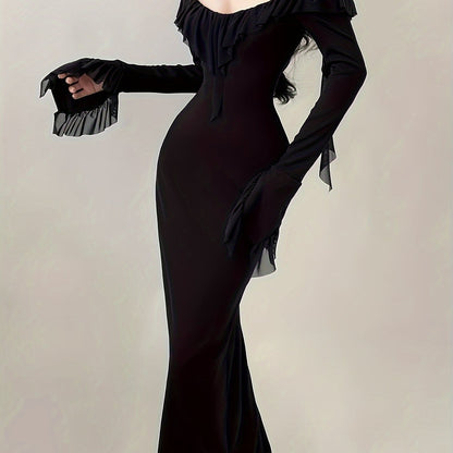 Off-shoulder Ruffle Trim Dress, Lace Decor Long Sleeve Bodycon Dress, Women's Clothing