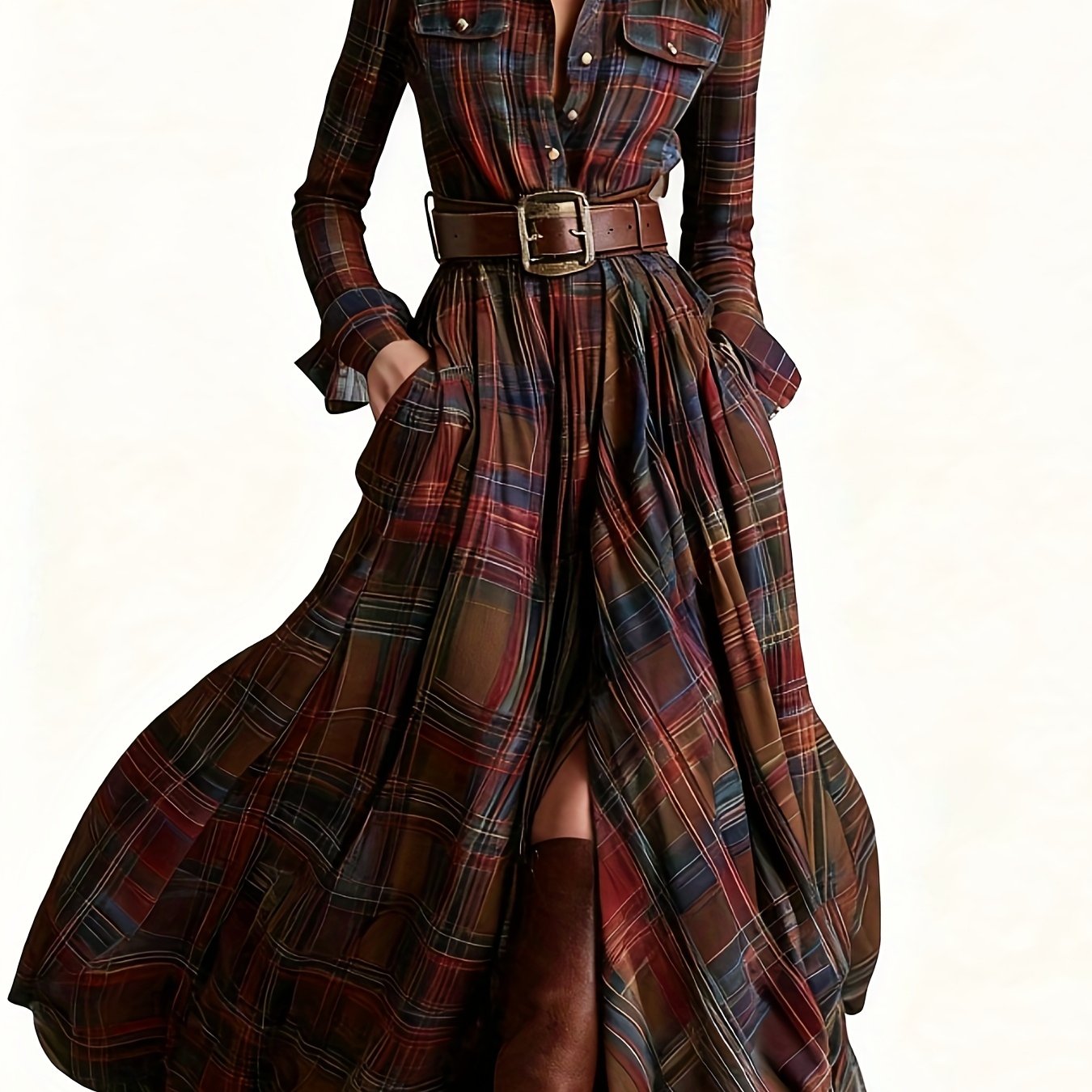 Women'S Vintage Western Plaid Shirt Dress - Long Sleeve A-Line Maxi Dress with V-Neck Collar & Belted Waist, All-Season Elegant Retro Outfit for Casual to Formal Events, Brown/Red Tartan Print, Structured Fit & Flowy Skirt