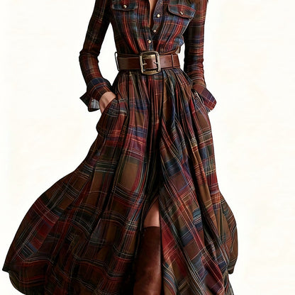 Women'S Vintage Western Plaid Shirt Dress - Long Sleeve A-Line Maxi Dress with V-Neck Collar & Belted Waist, All-Season Elegant Retro Outfit for Casual to Formal Events, Brown/Red Tartan Print, Structured Fit & Flowy Skirt