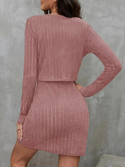 Two-piece Set, Long Sleeve Ribbed Solid Button Front Cardigan & Spaghetti Strap Bodycon Dress Outfits for Women