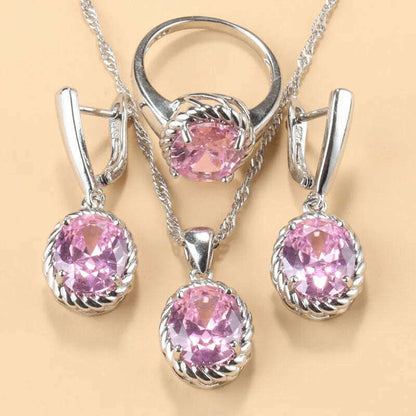 13-Colors Stone 925 Silver Bridal Jewelry Sets Wedding Ring Costume Earrings Pendant Chain Necklace For Women Christmas Gift