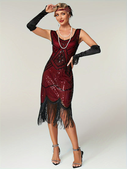 Sequined Fringe Hem Tank Dress, Vintage Sleeveless Bodycon Dress For Banquet & Party, Women's Clothing