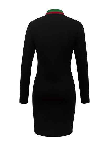 Elegant Color Block Long Sleeve Bodycon Dress with Stand Collar - High-Waisted, Stretchy Polyester Blend, Perfect for Spring/Fall, Black & Green/Red Accents, Women'S Fashion, Autumn Fashion | Color Block Dress | Polyester Ble